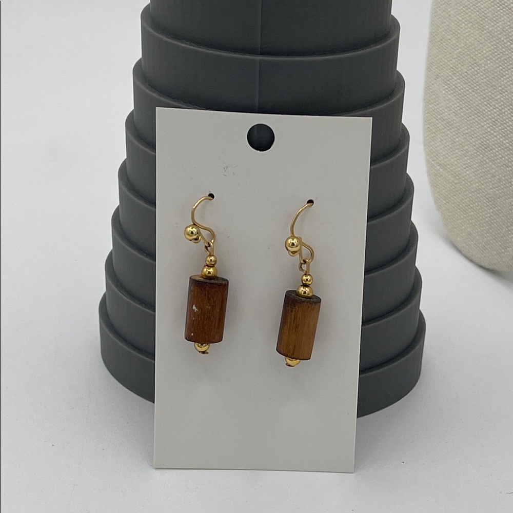 3.2.26-5 Goldtoone & Brown Eurostyle Wood Bead Drop Earrings - Unbranded